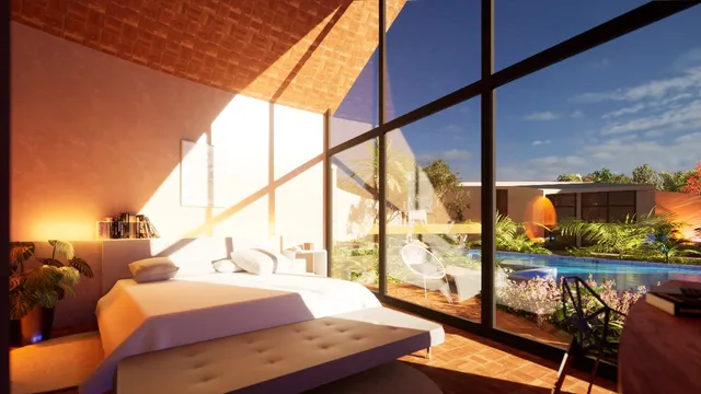 a bedroom with large window and bed