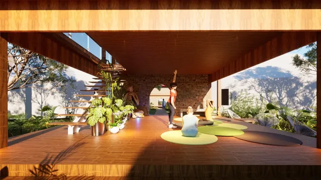 a view of a tall building with a small yard