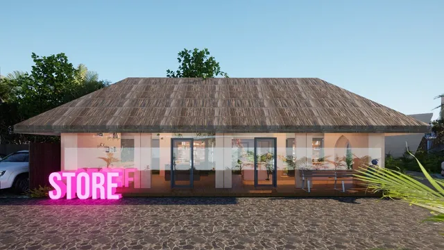 a view of a patio with table and chairs and potted plants