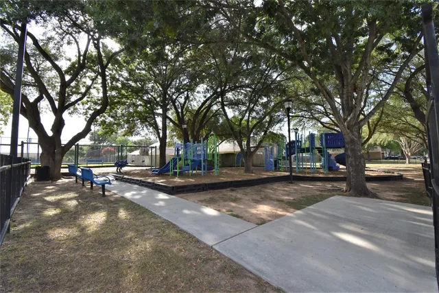 a view of a park with large trees