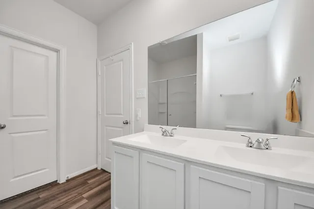 a bathroom with a sink and a mirror