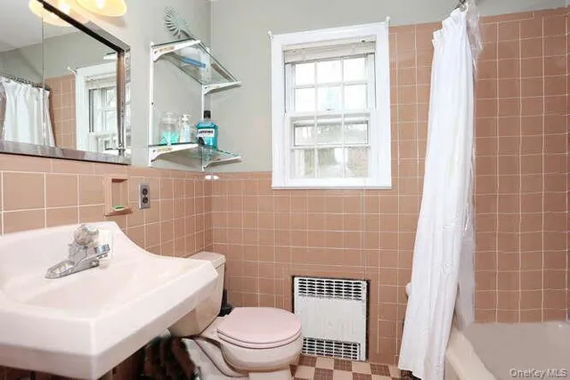 a bathroom with a sink a toilet and a mirror