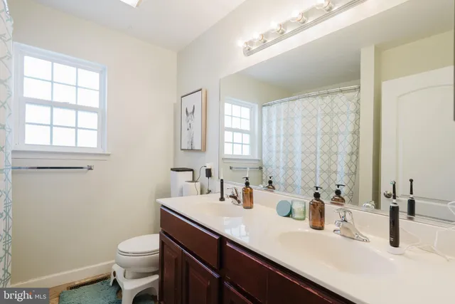 a bathroom with a double vanity sink toilet and a mirror