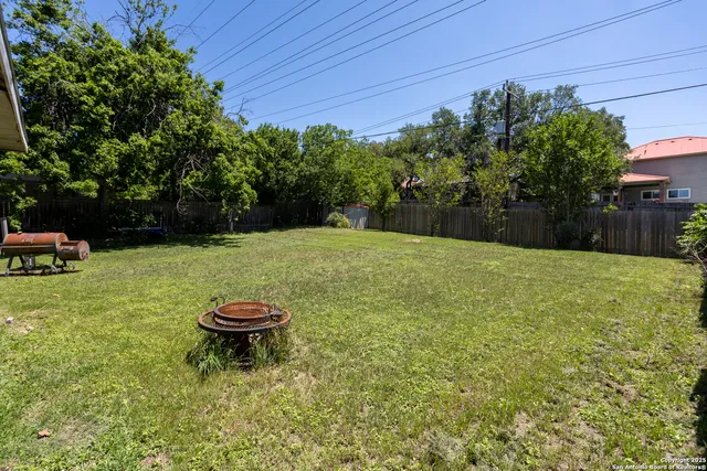 a view of a backyard with plants and trees