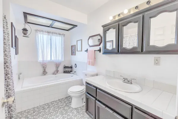 a bathroom with a sink toilet a mirror and bathtub