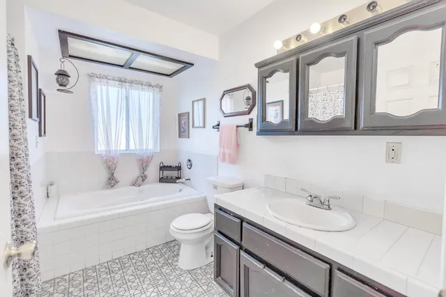 a bathroom with a sink toilet a mirror and bathtub