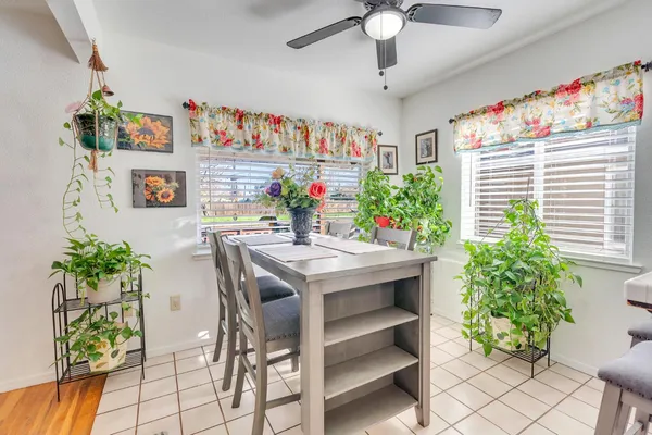 a view of a dining room with furniture