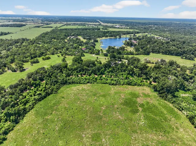an aerial view of residential houses with outdoor space and trees
