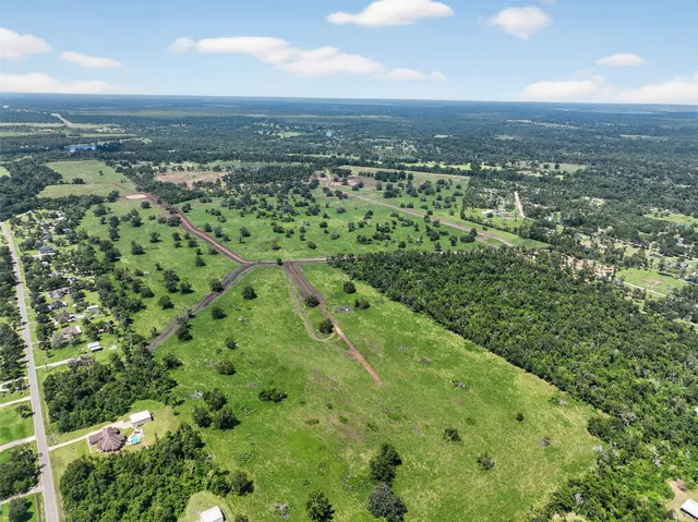 an aerial view of residential houses with outdoor space and trees