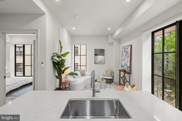 a living room with furniture and a potted plant
