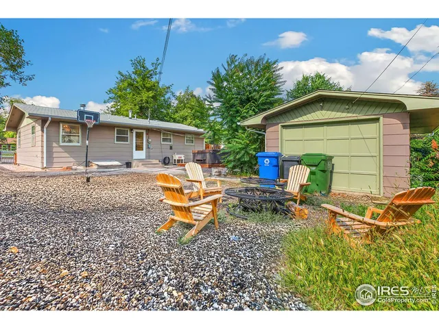 a backyard of a house with table and chairs