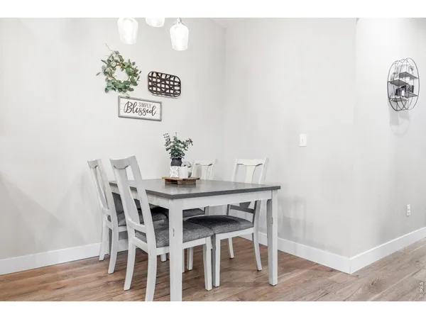 a view of a dining room with furniture