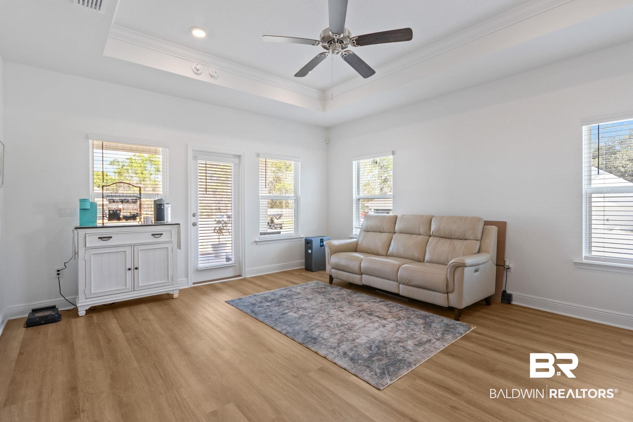 12919 Torrent Road Fairhope, AL 36532 - Photo 20 of 74 Living area with crown molding, light wood-style floors, a ceiling fan, and a raised ceiling