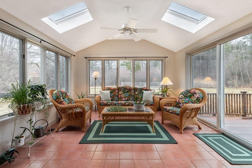 19 Townsend Farm Road Boxford, MA 01921 - Photo 19 of 36 a living room with furniture floor to ceiling windows and a chandelier