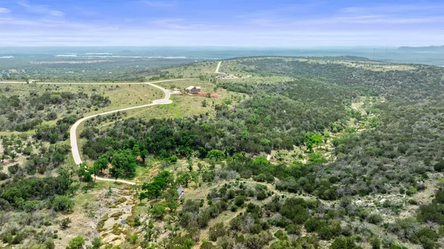 an aerial view of residential houses with outdoor space and trees