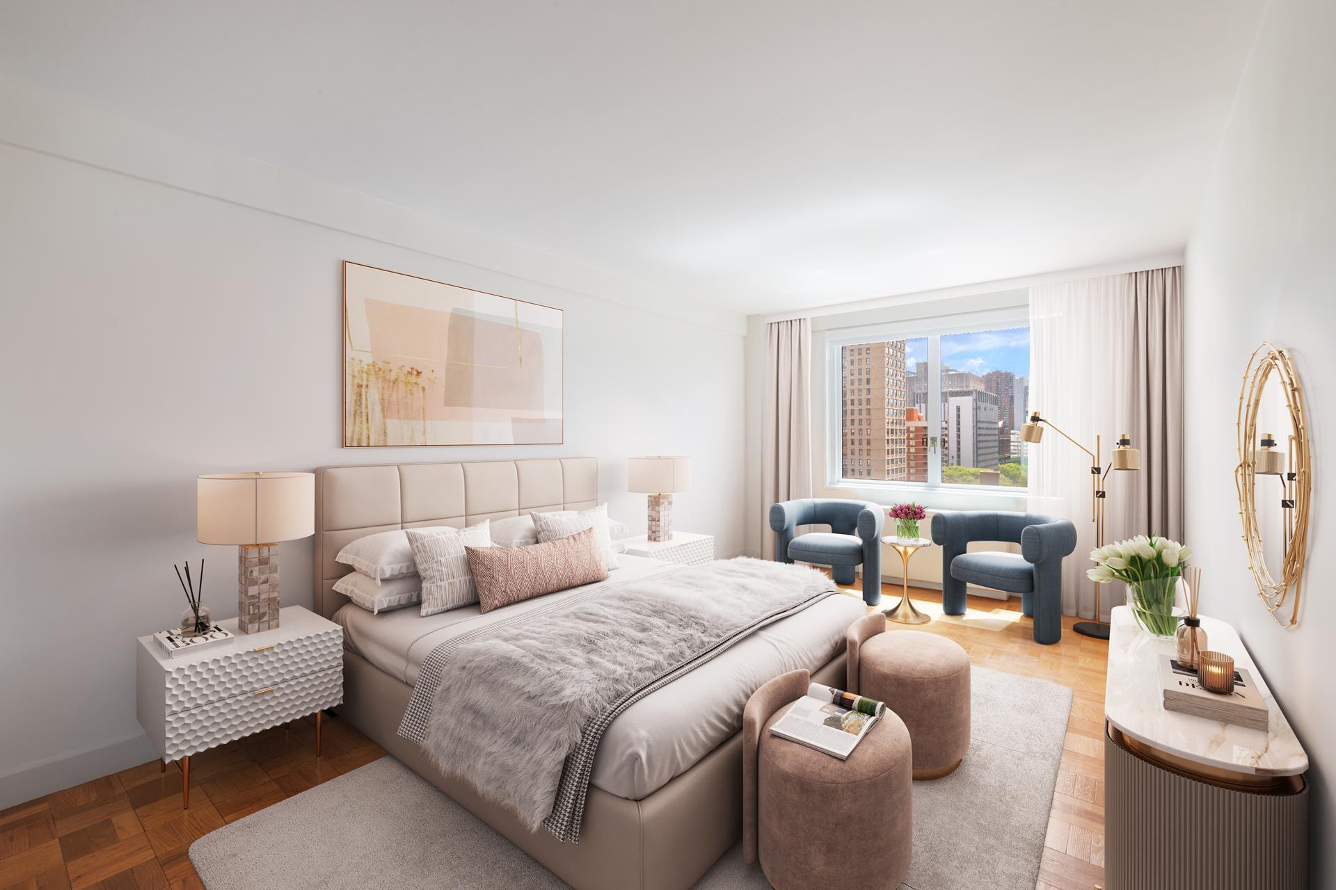 a bedroom with a bed and a couch