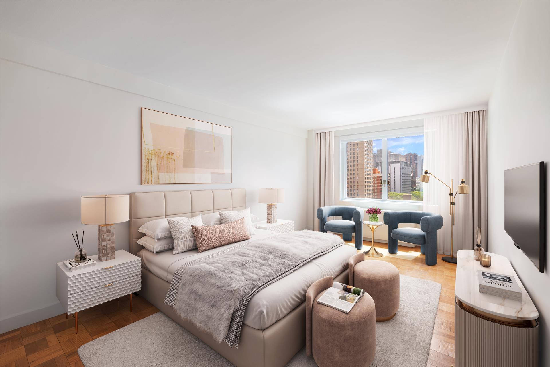 201 East 25th Street, Unit 12H Manhattan, NY 10010 - Photo 3 of 8 a bedroom with a bed and a flat screen tv