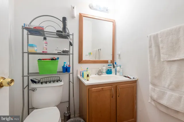 a bathroom with a sink a toilet and mirror