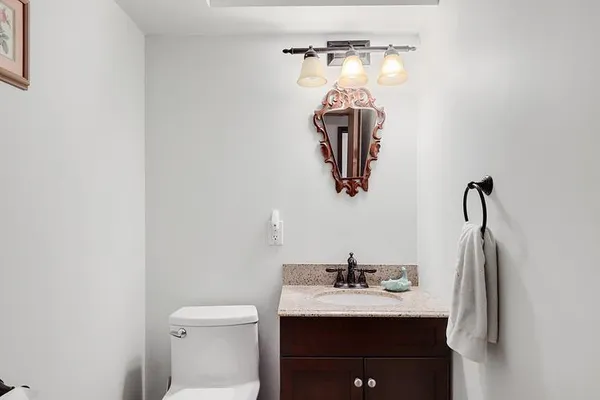 a bathroom with a sink vanity and toilet