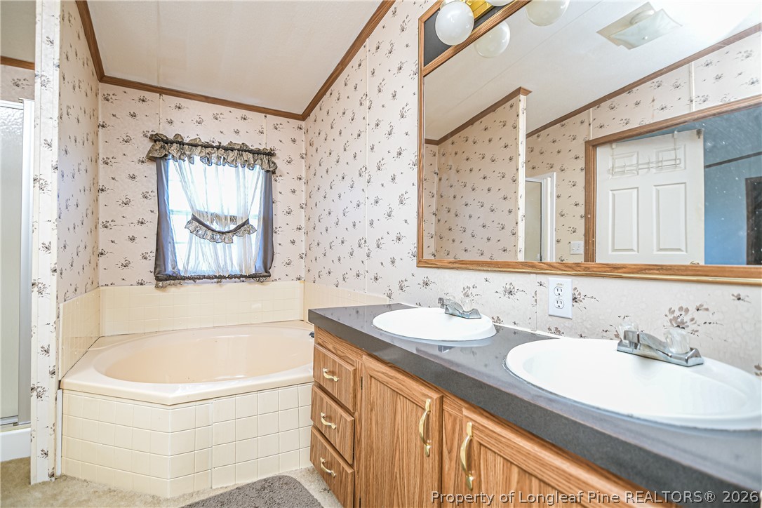 6331 Sandy Creek Road Stedman, NC 28391 - Photo 25 of 29 a bathroom with a granite countertop bathtub sink vanity and mirror