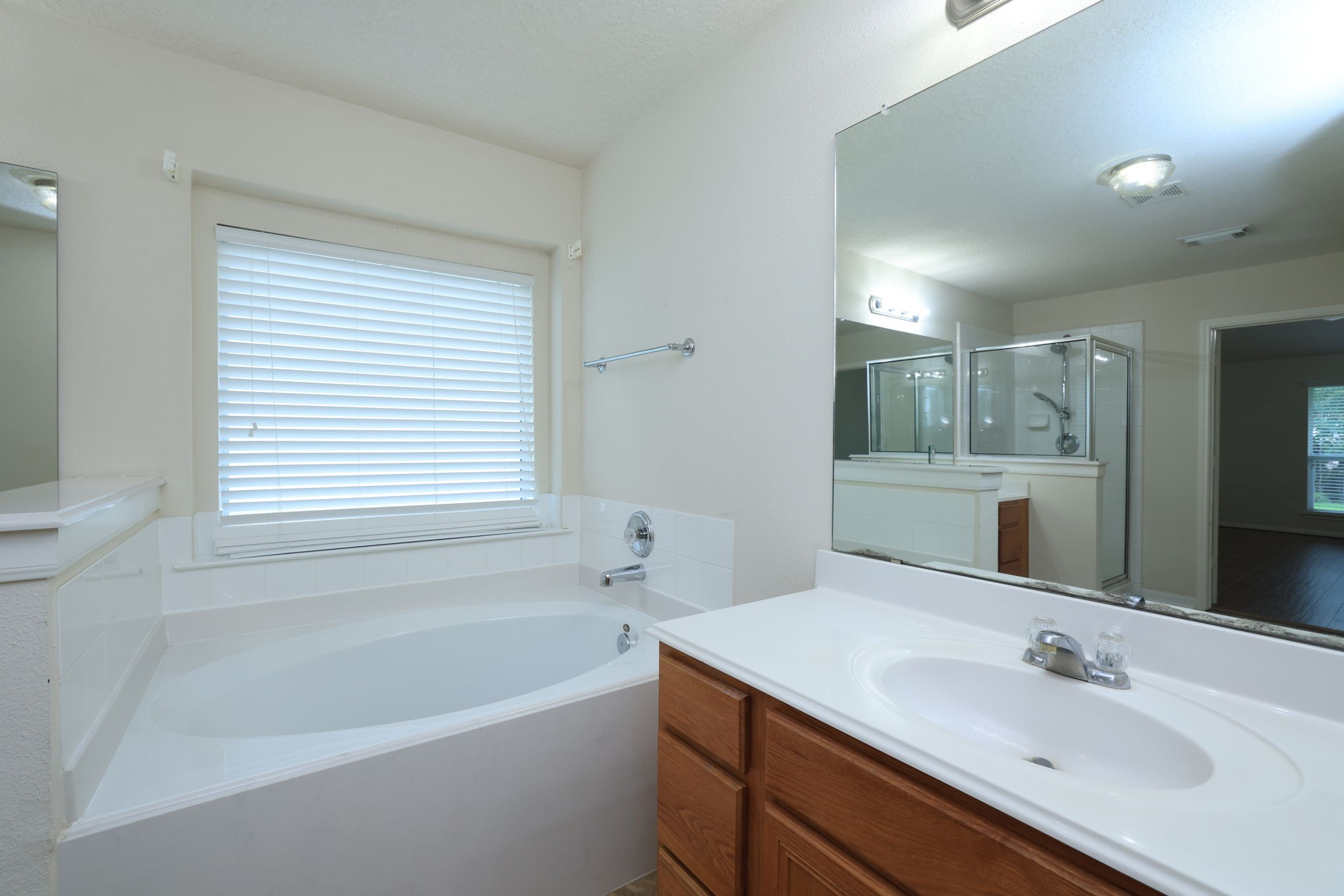 30515 Red Bluff Circle Magnolia, TX 77355 - Photo 18 of 28 This bright primary bathroom features a large soaking tub beneath a window with blinds, a vanity with ample storage, and a spacious shower.