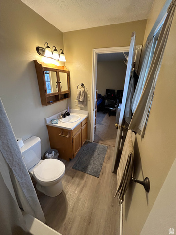 939 South Freedom Boulevard, Unit 13 Provo, UT 84601 - Photo 22 of 26 Bathroom with vanity, a textured ceiling, and light wood-style flooring