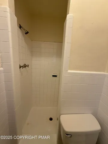a bathroom with a shower and a toilet