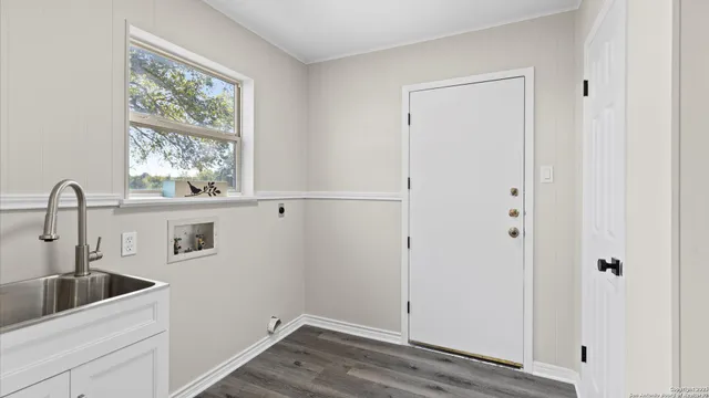 a view of a kitchen from a window