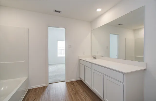 a bathroom with a sink a mirror and a bathtub
