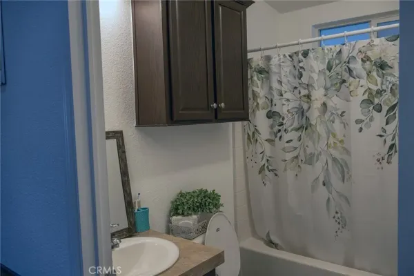 a bathroom with a shower curtain and toilet