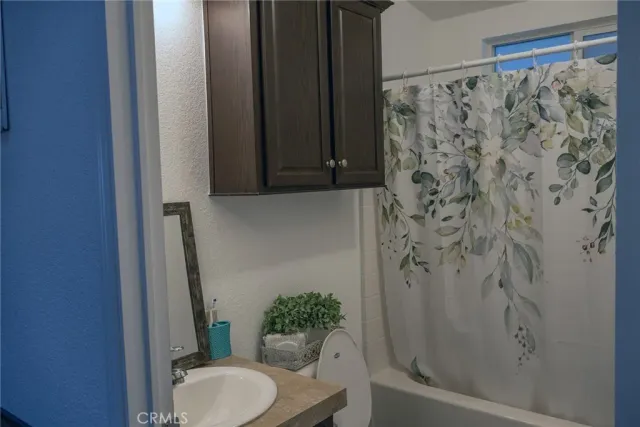 a bathroom with a shower curtain and toilet