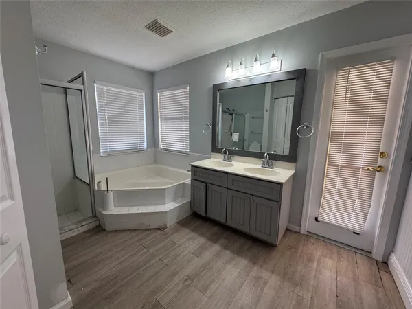 a bathroom with a double vanity sink a large mirror and bathtub