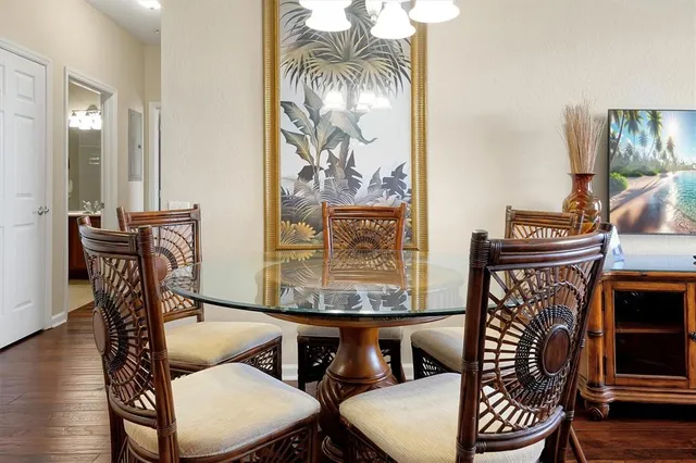 a view of a dining room with furniture