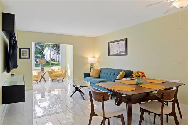 a view of a dining room with furniture window and outside view