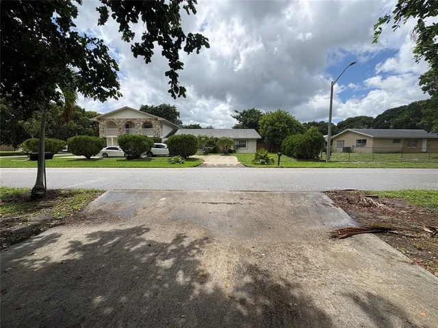 a view of a park with large trees