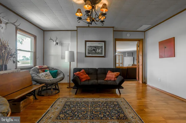 a dining room with furniture and wooden floor