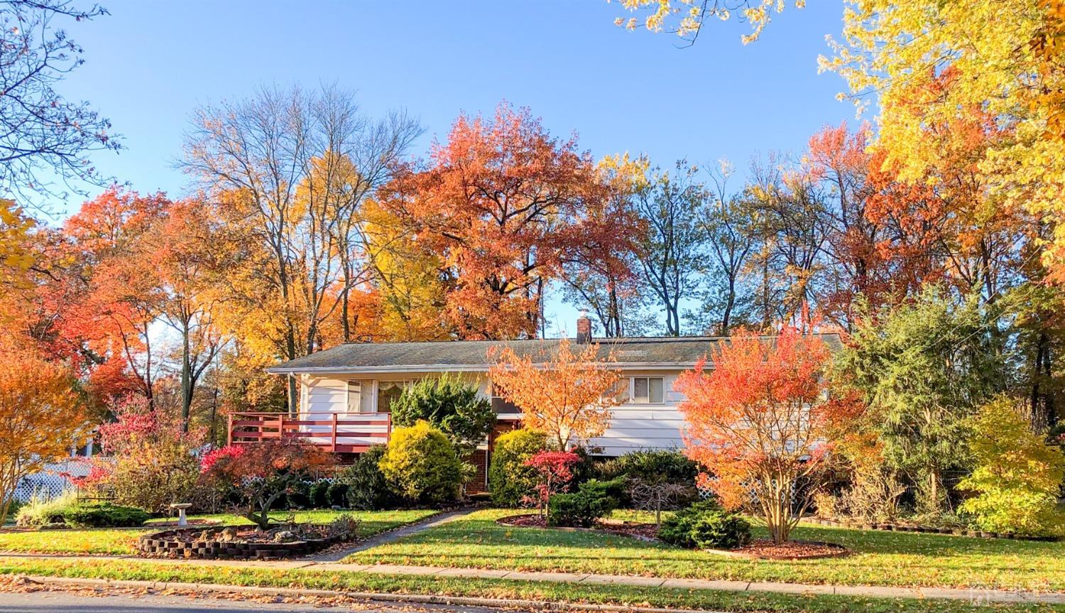 a front view of a house with a yard and fountain
