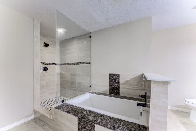 a bathroom with a granite countertop sink a toilet and shower