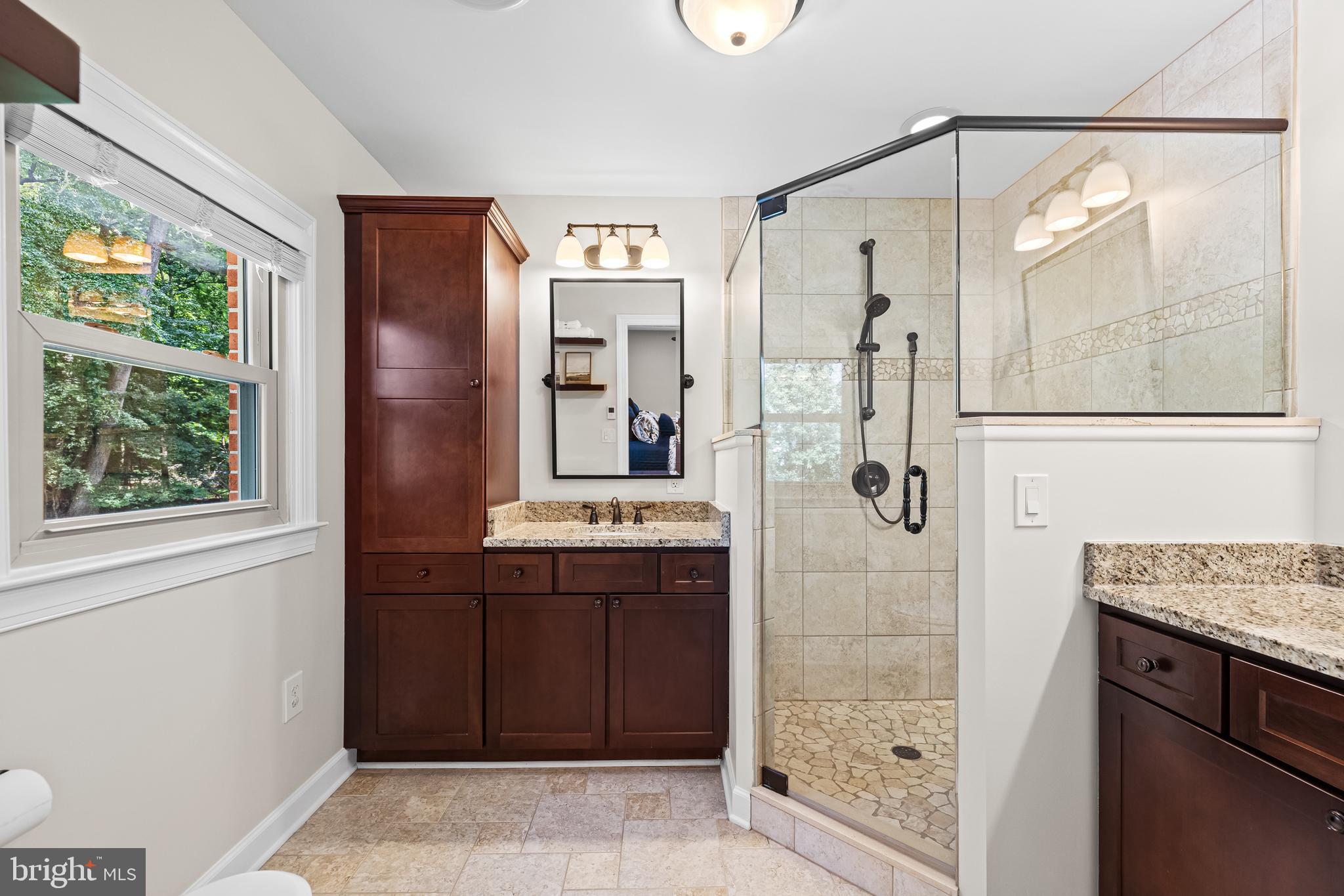 5507 Williams Road Hydes, MD 21082 - Photo 19 of 39 a bathroom with a granite countertop sink a mirror and shower