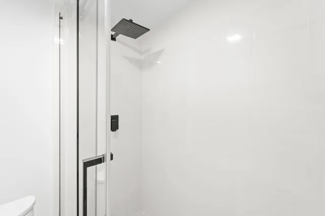 a bathroom with a toilet and a shower