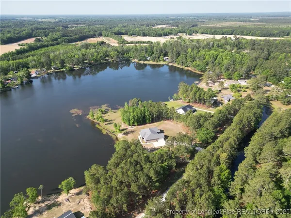 an aerial view of lake residential house with swimming pool and green space