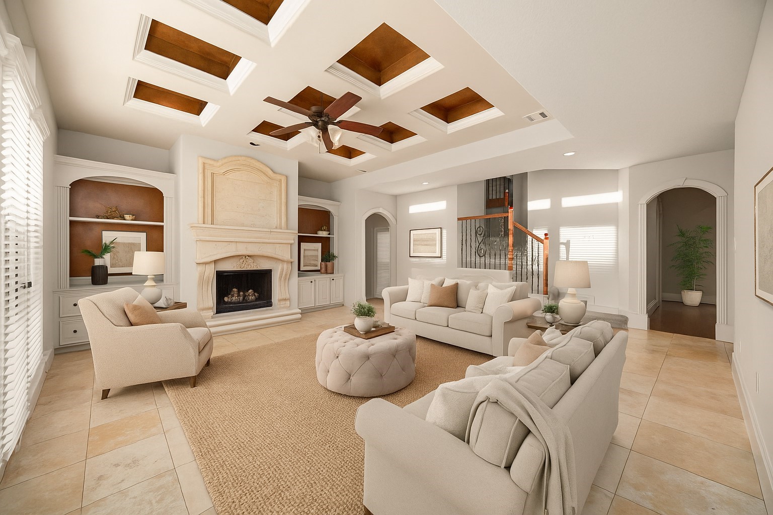 18921 Mountain Spring Drive Spring, TX 77379 - Photo 10 of 40 a living room with furniture a fireplace and a ceiling fan