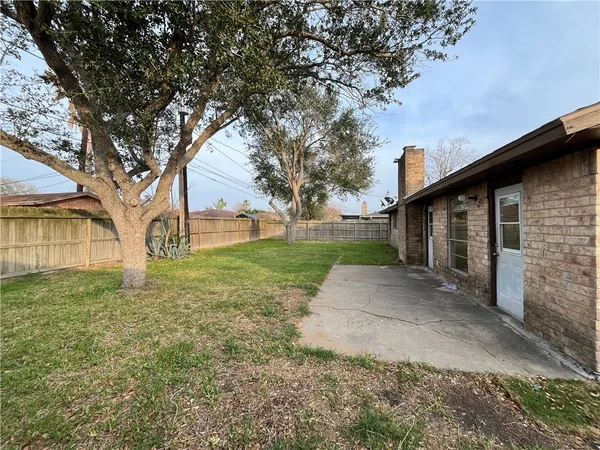 a view of a yard with a house and a large tree