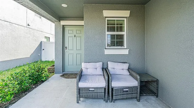 a outdoor view with a chair and table