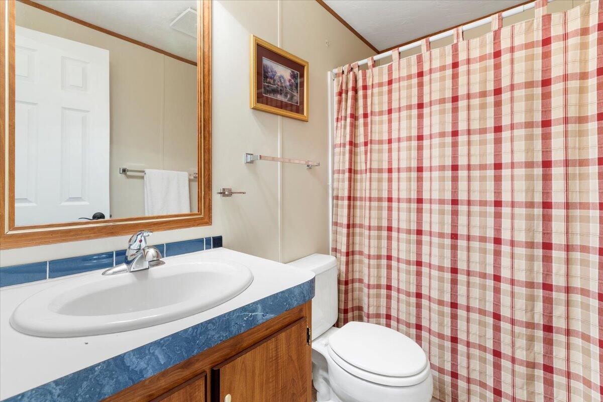 3729 Clark Road Hiwassee, VA 24347 - Photo 37 of 52 a bathroom with a sink a toilet and shower curtain