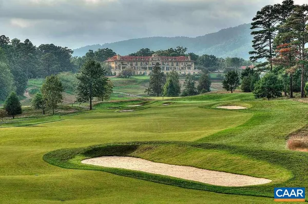 a view of a grassy field with an trees