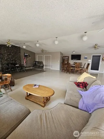 a garage with chairs