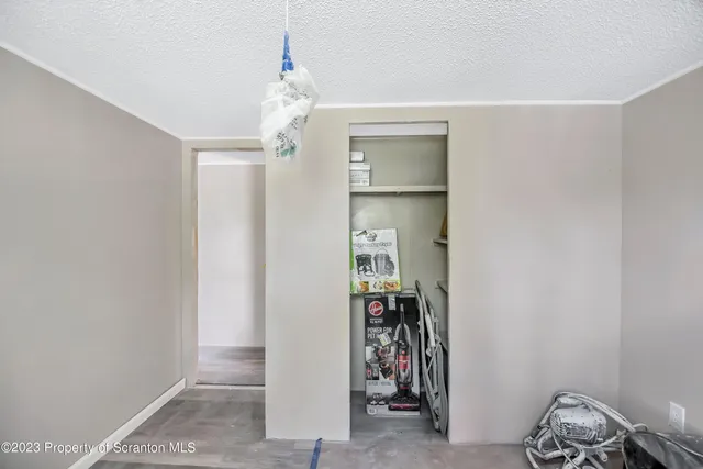 a view of a livingroom with the furniture and closet