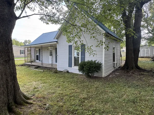 a backyard of a house with plants and large tree