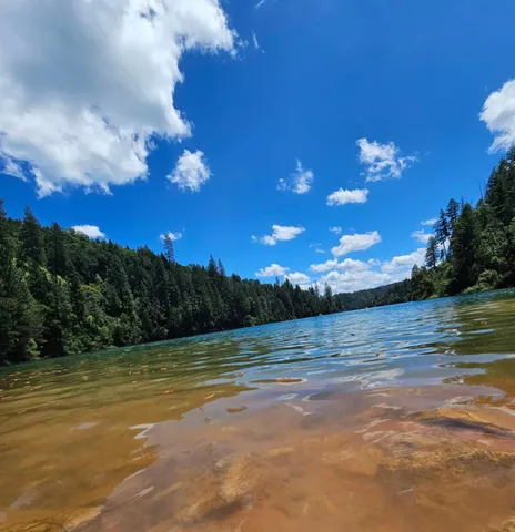 a view of a lake and sunset